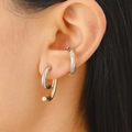 Manchette d'oreille en argent et boucles d'oreilles bicolores en forme de J - Clip d'Oreille Texture Bambou et Boucle Courbée (0246)