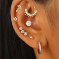 14K gold hoop earrings set with zircon studs and leaf crescent designs - Gold Triple Flower Rhinestone Style (5861)