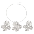 Silver geometric pleated flower jewelry set with metallic choker necklace and stud earrings - Set (06 Silver Choker Earring Set)