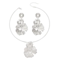 Silver geometric pleated flower collar necklace and drop earrings fashion jewelry set - Set (12 Silver Choker Earring Set)
