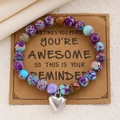 Bracelet en perles de jaspe zébré rose avec breloque cœur sur carte de motivation - 05 Blanc K Multicolore (8918)