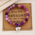 Bracelet en perles de pierre rose et violette avec breloque cœur sur carte cadeau - 07 Blanc K Multicolore (1014)