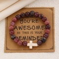 Bracelet en perles jaspe zèbre rose avec croix et carte de vœux inspirante - 10 Marron (11258)