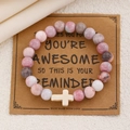Bracelet perles jaspe zèbre rose avec croix et cœur sur carte cadeau festive - 12 Multicolore (7378)