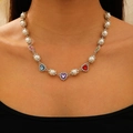 Collar de perlas y gemas de corazón colorido con bordes de diamantes de imitación - Estilo De Perla De Diamante Colorido Corazón Plateado Blanco K 3972