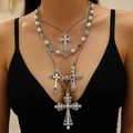Layered cross necklace set with heart shaped colorful gems and faux pearls - Silver Jewelry Set (27)