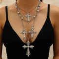 Silver multi-layer gothic cross necklace set with pearls and colorful rhinestones - Silver Jewelry Set (28)