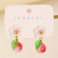Sweet floral peach drop earrings with green leaves and resin flower in summer style - Peach Style (A-558)