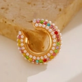 Golden C-shaped ear cuff featuring vibrant multi-colored rhinestones and white pearls - Multicolor Artificial Pearl & Zirconia (2705) (Single-1.9cm)