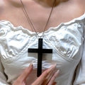 Gothic style matte black wooden cross pendant necklace on metal bead chain for women - Matte Black Cross (01黑色3902) / Black