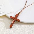 Gotische Kreuzkette mit braunem Holzanhänger und weißer Faith Gravur an Kordel - Naturholz Faith Aufdruck (12 咖色 3011)