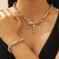 Elegantes silbernes CCB Herz- und Kreuzanhänger-Halskettenset mit passendem Armband - Schmuckset mit Perlen, Kreuz und Herzanhänger (Halskette und Armband)