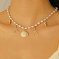Bohemian pearl necklace with gold starfish and seashell charms for summer beach wear - Marine Pearl Conch Necklace(2015)