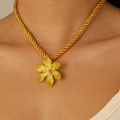 Gold orchid flower pendant necklace with pink stamens on a thick rope chain - Yellow Flower KC Gold Pendant with Yellow Braided Cord (02KC Golden Yellow 6279)