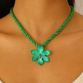 Green cotton rope necklace with emerald floral pendant and peach pink detailing - Green Twist Rope Necklace