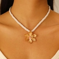 Exaggerated golden flower pendant necklace with white woven rope and pink enamel - White Flower KC Gold Pendant with White Braided Rope (KC Gold White 9008)