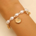 Bohemian summer beaded bracelet with white pearls and gold starfish seashell charms - Marine Theme Artificial Pearl Bracelet (12338)