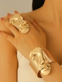 Artistic gold portrait relief ring and open cuff bracelet set with abstract face design - Bracelet and Ring Set in Gold (+9169A-939)