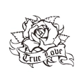 Detail van Old School zwarte roos sticker met True Love banner en vintage belettering - 40*32cm Indeling