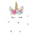 Detail view of watercolor unicorn wall sticker with gold glitter horn and floral headpiece - Floral Crown Unicorn Face Style (KG152)