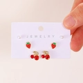 Cute alloy earring set featuring strawberry and cherry designs with crystal leaf accents - Strawberry Cherry Style (25010522) / Light Gold (X305)