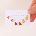 Three-pair alloy fruit stud earrings set featuring cherry, watermelon, and pineapple - Light Gold (X309)