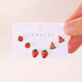Cute fruit stud earring set featuring red strawberry and watermelon designs on a card - Light Gold (WG-0827)