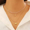Bohemian seashell and starfish double layered necklace with elegant white faux pearls - Double Layer Marine Pearl Necklace(5577)