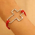 Red braided rope bracelet with a large silver-toned hammered metal cross pendant - Gold Cross Red Rope (7569)