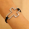 Black cord bracelet with silver hammer-textured hollow cross pendant in minimalist style - Silver Cross Black Rope (11173)