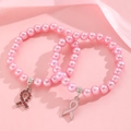 Pink breast cancer awareness beaded bracelet set with ribbon charms and rhinestones - Two Piece Beaded Bracelet Set (S210)