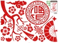 Rote glitzernde chinesische Neujahrsaufkleber mit Pflaumenblüten und Fu-Zeichen für Fenster - 45x60cm Layout