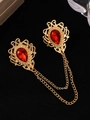 Vintage gold brooch pin set with red teardrop crystals and double connector chains - KC Gold Plated Bright Red N-151