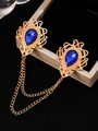 Vintage gold brooch with teardrop blue crystals and double chains for elegant outfits - KC Gold Plated Royal Blue N-148