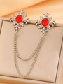 Vintage silver brooch with red crystal and double chain on a jewelry box - White Gold Plated Bright Red N-152