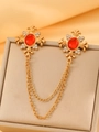 Vintage gold brooch pin with red crystals and delicate dual chains for clothing - KC Gold Plated Bright Red N-146