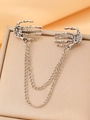 Gothic skeletal hand brooch in antique silver finish with double metal chains - Antique Silver N-123