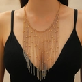 Elegant gold-tone multi-layer metal chain tassel necklace with delicate beads for women - Gold Multi-layer Tassel Necklace (0083)