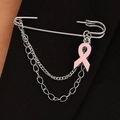 Silver safety pin brooch with pink ribbon charm and layered chains on black fabric - Silver Pin with Dangle Chain (White Gold Brooch 7742)