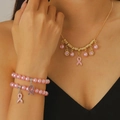 Parure en perles roses avec pendentifs ruban rose ornés de cristaux scintillants - Ensemble 1 Collier 2 Bracelets (G-296+S210) / Or