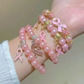 Bracelet de perles rose sensibilisation au cancer du sein avec breloque Hope et strass - Ensemble de 4 Bracelets (G-556+G-525+S210) / Rose