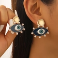 Golden evil eye hoop earrings with blue enamel, white pearls and zircon accents - 04 KC Gold Style (S539)