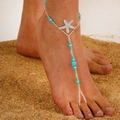 Starfish beaded barefoot sandal anklet with turquoise beads for beach weddings - Bright Silver 0401