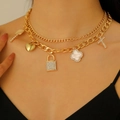 Punk style double-layered gold chain necklace with heart, clover, and lock charms - Gold Punk Multi-Element Combination Necklace (KC Gold 2631) / 6.9