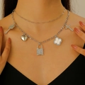Punk silver double-layer chain necklace with heart charms and crystal lock pendants - Silver-Toned Western Punk Multi-Element Necklace (White K 4208) / 6.9