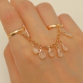 Fashionable gold double finger ring with zircon crystal fringe chains and teardrop pendants - Teardrop Pendant / KC Gold