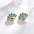 Golden Evil Eye hoop earrings with blue zircon crystals and black enamel lashes - 10 KC Gold Style (6475)
