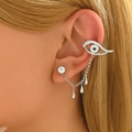 Silver evil eye ear cuff with chain and three teardrop charms for women's stylish look - 06 White K Style (WG-0037)