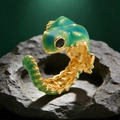 Gothic lizard open ring in green gradient enamel and gold metal on a stone base - Frog Ring (02 KC Gold 10588)
