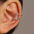 Elegant silver star ear cuff with zircon stones, minimalist clip-on style for women - Double Star Style (A-1341) / Silver